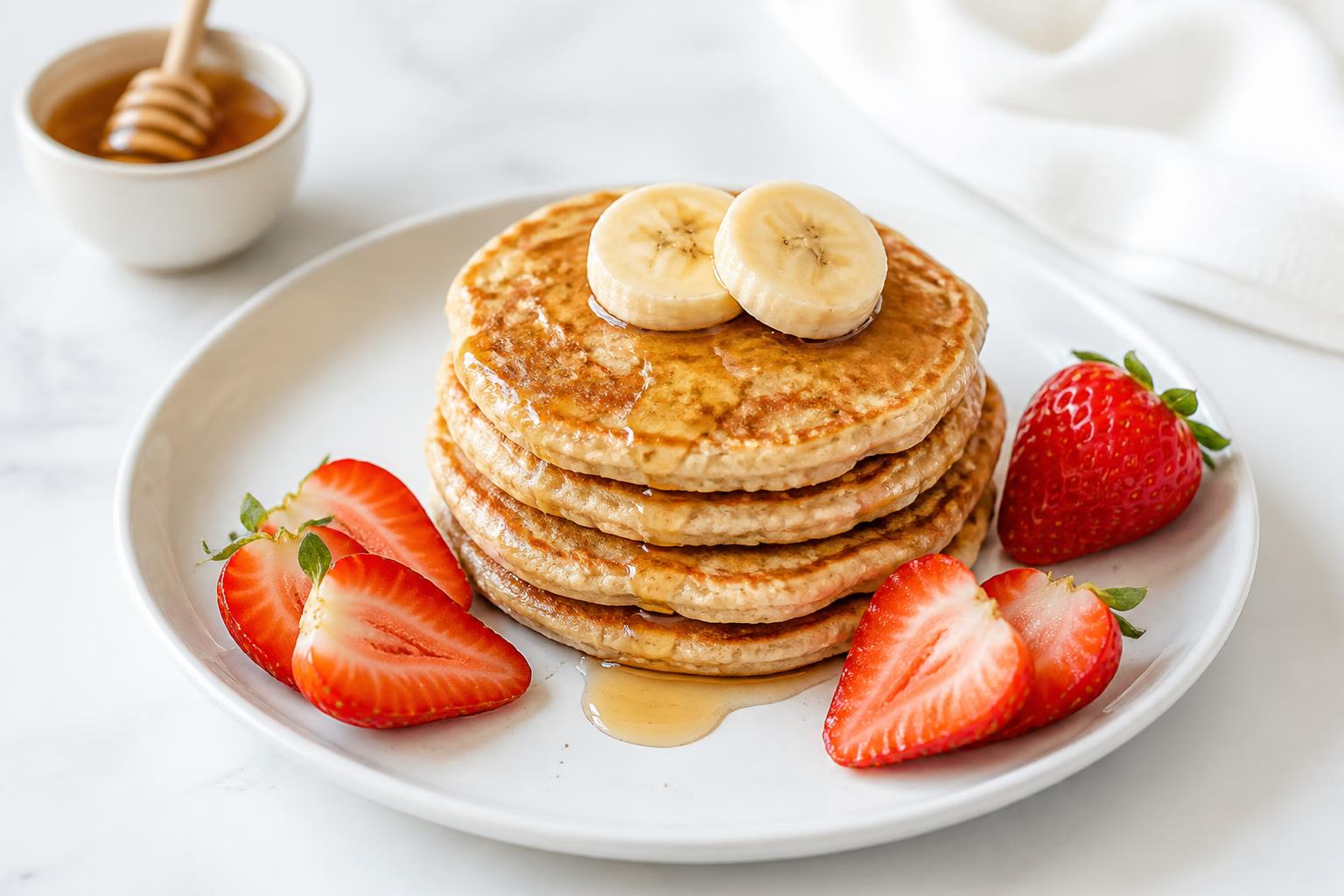 Pilha de panquecas de banana e aveia em prato branco com mel e morangos